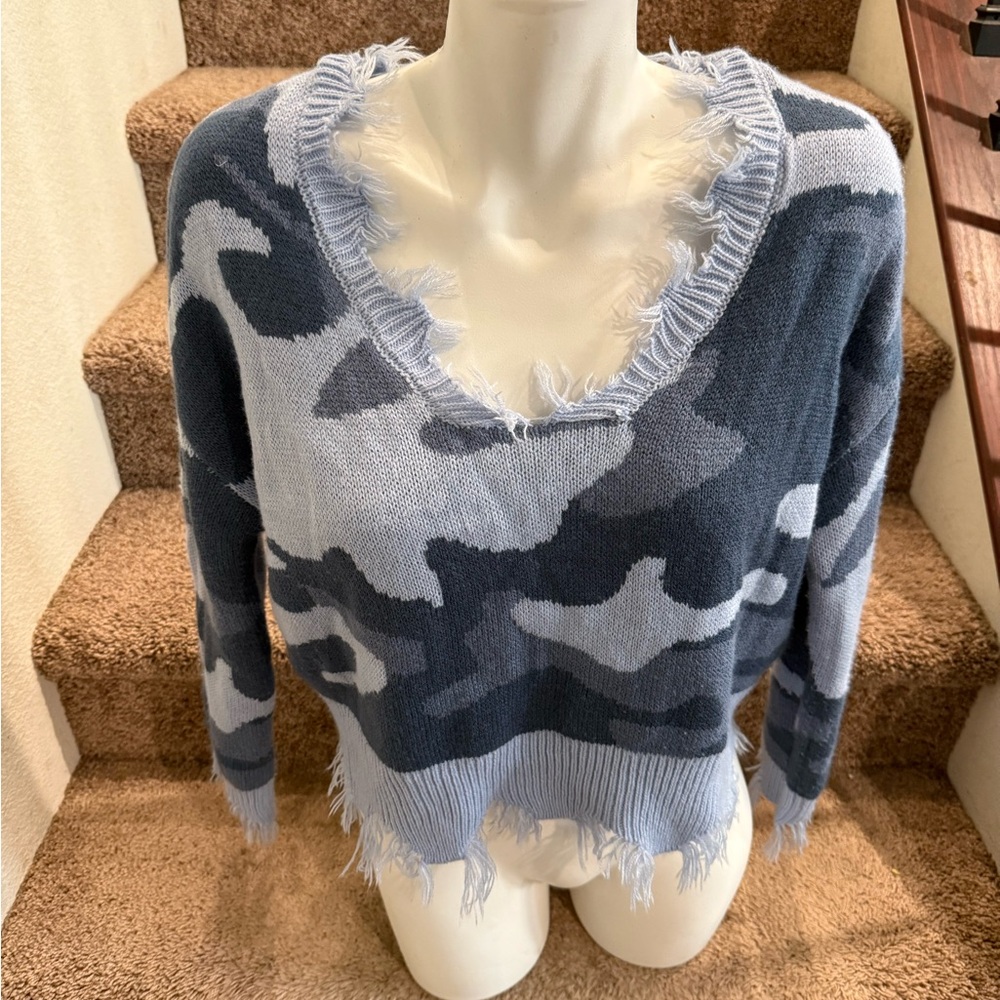 Polly & Esther Blue V-Neck Sweater with Ruffled Neckline and Long Sleeves